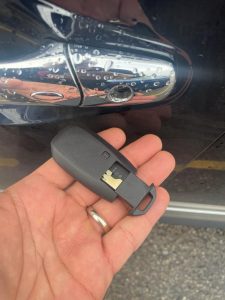 Infiniti key fob emergency key to be used to unlock the doors in case the battery died