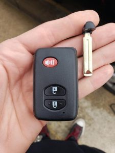 Toyota key fob emergency key to be used to unlock the doors in case the battery died