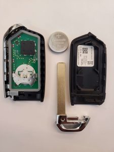 The key fob on the inside - battery and emergency key