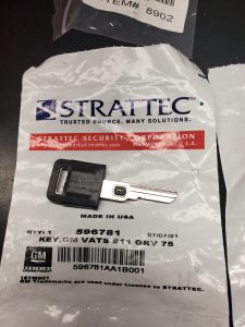 An aftermarket single sided VATS key made by Strattec