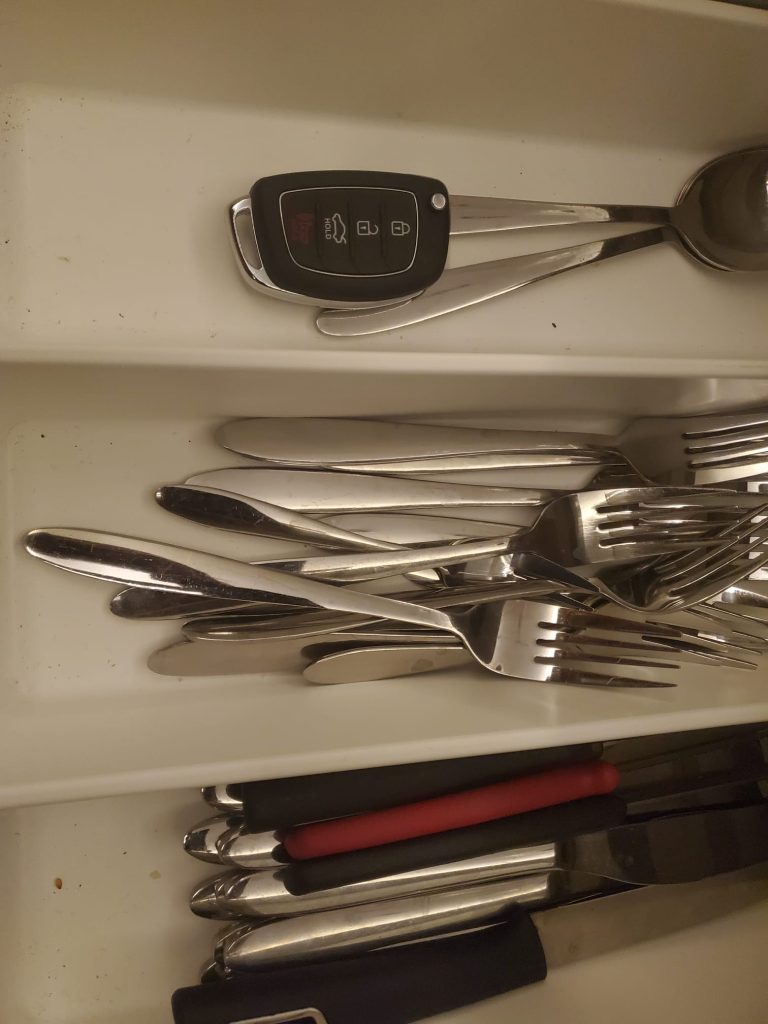 car keys forgotten in silverware tray